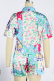 Colour Casual Print Patchwork Shirt Collar Short Sleeve Two Pieces