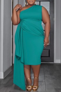 Green Casual Solid Patchwork Backless Oblique Collar Sleeveless Dress Plus Size Dresses