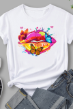 Red Street Lips Printed Patchwork O Neck T-Shirts