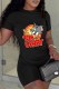 Black Casual Character Print Letter O Neck Short Sleeve Two Pieces