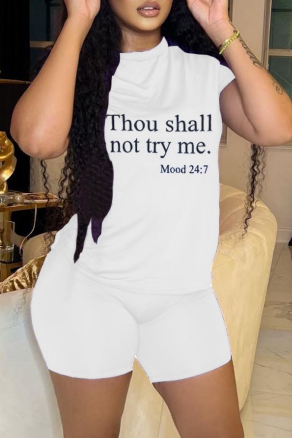 White Casual Letter Print Basic O Neck Short Sleeve Two Pieces