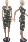 Army Green Casual Print Patchwork Slit O Neck Short Sleeve Two Pieces