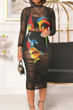 Purple Sexy Print Patchwork See-through O Neck Pencil Skirt Dresses(Three Pieces)
