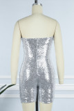 Silver Sexy Patchwork Sequins Backless Strapless Skinny Romper