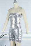 Silver Sexy Patchwork Sequins Backless Strapless Skinny Romper