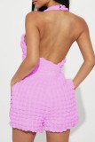 Pink Sexy Casual Solid Backless Halter Skinny Romper