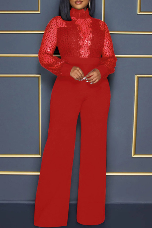 Red Fashion Sexy Patchwork Sequins See-through Turtleneck Regular Jumpsuits