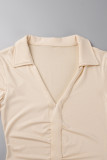 Apricot Fashion Sexy Solid Slit Turndown Collar Long Sleeve Dresses