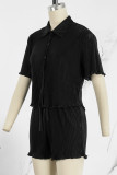Black Casual Solid Patchwork Buckle Turndown Collar Short Sleeve Two Pieces