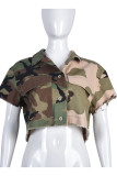 Camouflage Street Print Camouflage Print Patchwork Pocket Buckle Tops