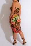 Red Sexy Print Backless Strapless Sleeveless Dress Dresses