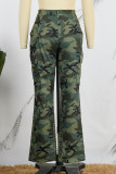 Army Green Casual Camouflage Print Patchwork Regular Mid Waist Conventional Full Print Trousers