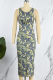 Pale Red Casual Letter Camouflage Print Basic O Neck Sleeveless Dress Dresses