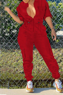 Red Casual Solid Patchwork Draw String Zipper Collar Regular Jumpsuits