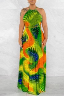 Green Sexy Casual Print Bandage Backless Halter Long Dress Dresses