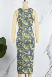 Cyan Casual Letter Camouflage Print Basic O Neck Sleeveless Dress Dresses