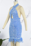 Blue Sexy Patchwork Sequins Backless Halter Sleeveless Dress Dresses