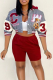 Burgundy Street Print Patchwork Hooded Collar Long Sleeve Two Pieces