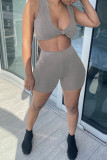 Grey Sexy Casual Solid Basic V Neck Sleeveless Two Pieces