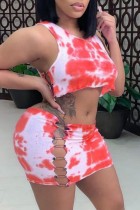 Orange Sexy Casual Print Tie Dye Hollowed Out O Neck Sleeveless Two Pieces