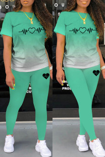 Light Green Casual Gradual Change Print Basic O Neck Short Sleeve Two Pieces