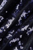 Blue Sexy Patchwork Tassel Sequins See-through Half A Turtleneck Long Sleeve Dresses