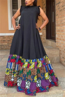 Black Purple Vintage Elegant Print Leopard Patchwork Long Dress Plus Size Dresses
