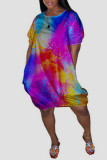 Colour Casual Gradual Change Print Patchwork O Neck Lantern Skirt Dresses