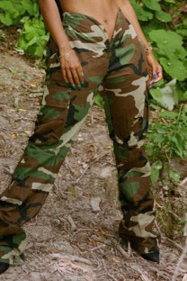 Camouflage Street Print Camouflage Print Patchwork Pocket Straight High Waist Full Print Bottoms