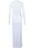 White Sexy Solid Embroidered Patchwork U Neck Pencil Skirt Dresses