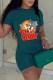 Green Casual Character Print Letter O Neck Short Sleeve Two Pieces