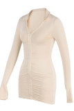 Apricot Fashion Sexy Solid Slit Turndown Collar Long Sleeve Dresses