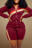 Burgundy Casual Striped Patchwork Zipper Collar Long Sleeve Two Pieces