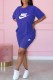 Royal Blue Casual Print Letter O Neck Short Sleeve Two Pieces