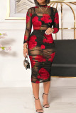 Rose Pink Sexy Print Patchwork See-through O Neck Pencil Skirt Dresses(Three Pieces)