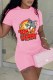 Pink Casual Character Print Letter O Neck Short Sleeve Two Pieces