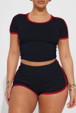 Black Casual Solid Patchwork O Neck Short Sleeve Two Pieces
