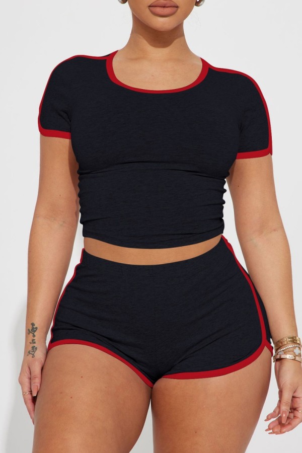 Black Casual Solid Patchwork O Neck Short Sleeve Two Pieces