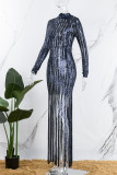 Blue Sexy Patchwork Tassel Sequins See-through Half A Turtleneck Long Sleeve Dresses