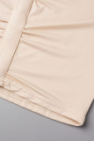 Apricot Fashion Sexy Solid Slit Turndown Collar Long Sleeve Dresses
