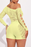 Shallow Yellow Sexy Solid Hollowed Out Patchwork See-through Pearl Oblique Collar Skinny Jumpsuits
