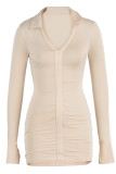 Apricot Fashion Sexy Solid Slit Turndown Collar Long Sleeve Dresses