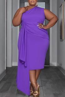 Purple Casual Solid Patchwork Backless Oblique Collar Sleeveless Dress Plus Size Dresses