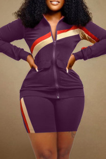 Purple Casual Striped Patchwork Zipper Collar Long Sleeve Two Pieces