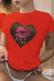 Red Casual Street Lips Printed Patchwork Letter O Neck T-Shirts