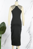 Black Sexy Patchwork Hot Drilling Hollowed Out Slit O Neck Sleeveless Dress Dresses