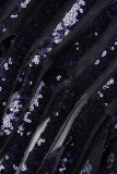 Blue Sexy Patchwork Tassel Sequins See-through Half A Turtleneck Long Sleeve Dresses