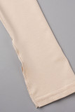Apricot Fashion Sexy Solid Slit Turndown Collar Long Sleeve Dresses
