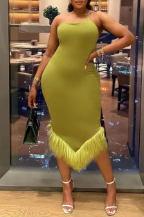 Fruit Green Sexy Solid Patchwork Feathers Asymmetrical Oblique Collar Pencil Skirt Dresses