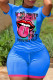 Blue Casual Print Patchwork O Neck Short Sleeve Two Pieces